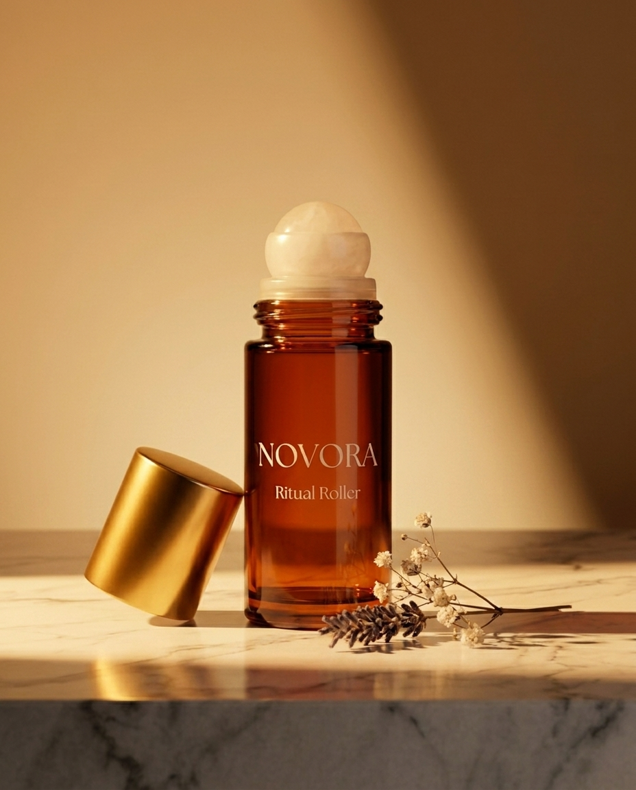 NOVORA Ritual Roller — Three-quarter angle with botanicals