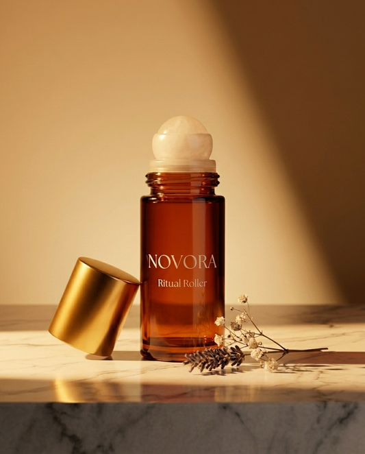 NOVORA Ritual Roller — Three-quarter angle with botanicals